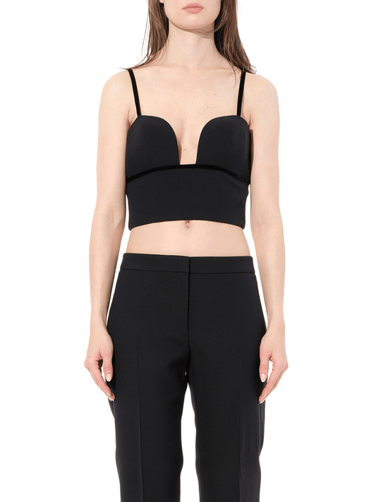 Image of a model wearing Tops. Productname: ALEXANDER MCQUEEN Leaf Crepe Top in Black colour by brand - ALEXANDER MCQUEEN