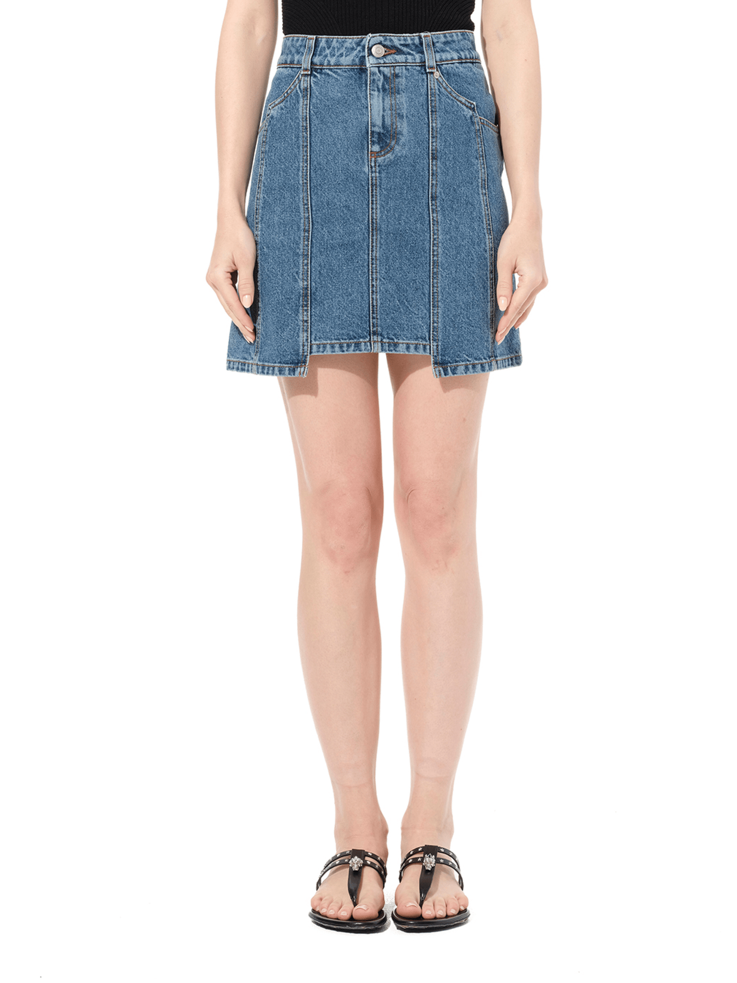 Image of a model wearing Denim. Productname: ALEXANDER MCQUEEN Mini Denim Skirt in Blue colour by brand - ALEXANDER MCQUEEN