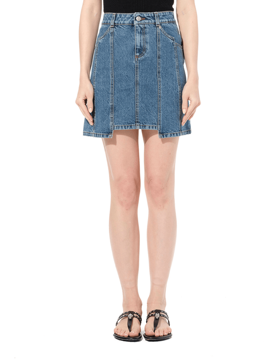Image of a model wearing Denim. Productname: ALEXANDER MCQUEEN Mini Denim Skirt in Blue colour by brand - ALEXANDER MCQUEEN