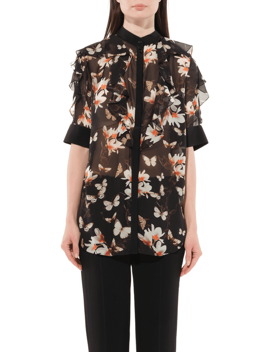 Image of a model wearing Tops. Productname: GIVENCHY Short Sleeve Shirt with Flower Print in BLACK colour by brand - GIVENCHY