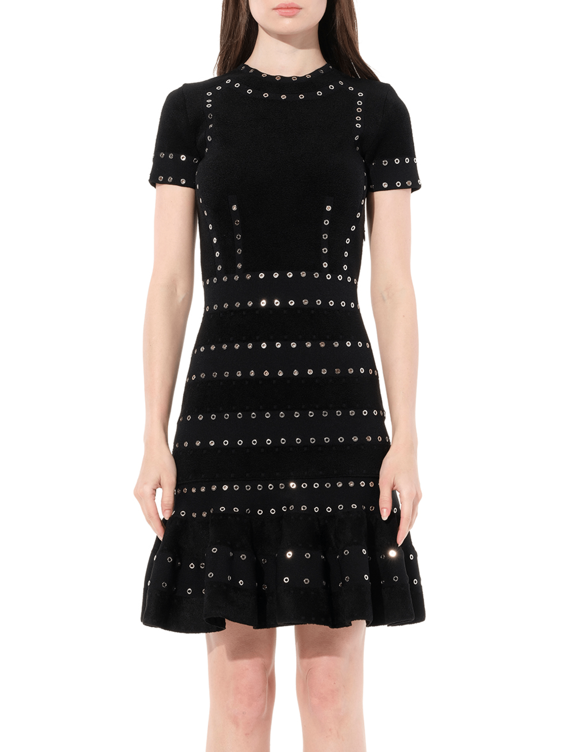 Image of a model wearing Dress. Productname: ALEXANDER MCQUEEN Eyelet Mini Dress in Black colour by brand - ALEXANDER MCQUEEN