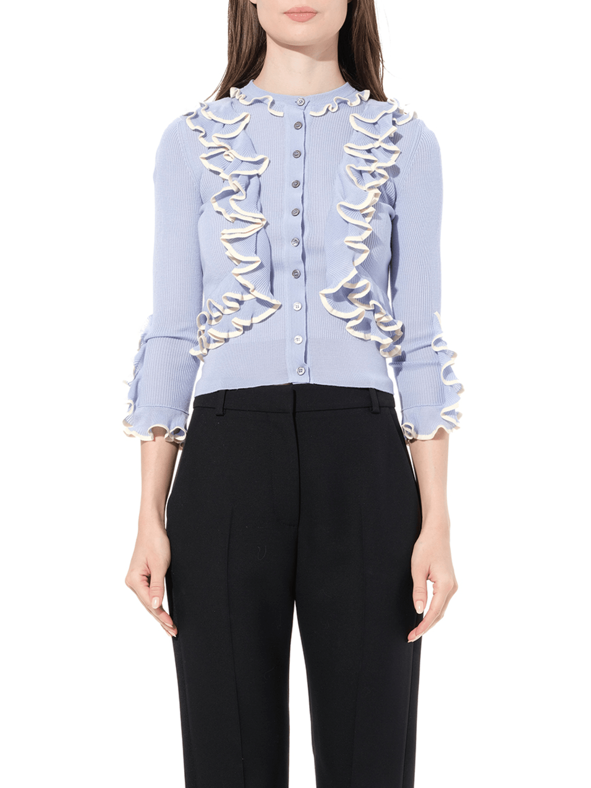 Image of Cardigans. Product name - Ruffle Knit Cardigan in Blue colour by brand - ALEXANDER MCQUEEN