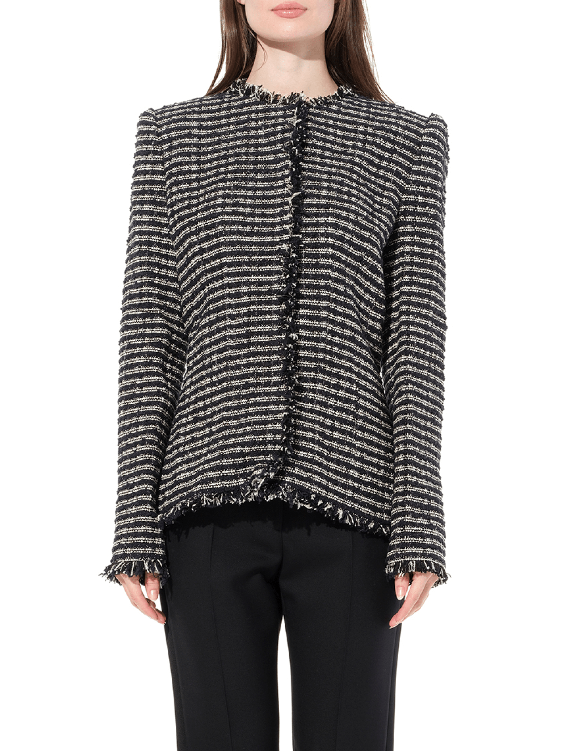 Image of a model wearing Outerwear. Productname: ALEXANDER MCQUEEN Boucle Tweed Jacket in Black Ivory colour by brand - ALEXANDER MCQUEEN