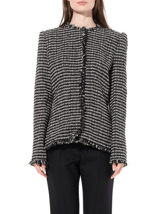 Image of a model wearing Outerwear. Productname: ALEXANDER MCQUEEN Boucle Tweed Jacket in Black Ivory colour by brand - ALEXANDER MCQUEEN