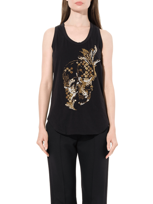 Image of a model wearing Tops. Productname: ALEXANDER MCQUEEN Sleeveless Top in Black colour by brand - ALEXANDER MCQUEEN