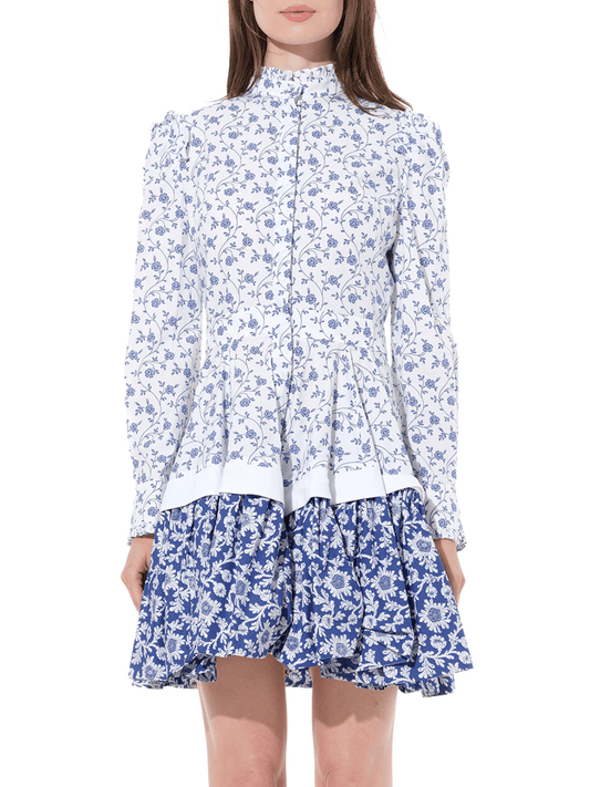 Image of a model wearing Dress. Productname: ALEXANDER MCQUEEN Vict Floral Mini Dress in White colour by brand - ALEXANDER MCQUEEN