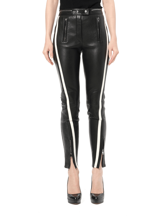 Image of a model wearing Pants. Productname: ALEXANDER MCQUEEN Leather Pants in Black colour by brand - ALEXANDER MCQUEEN