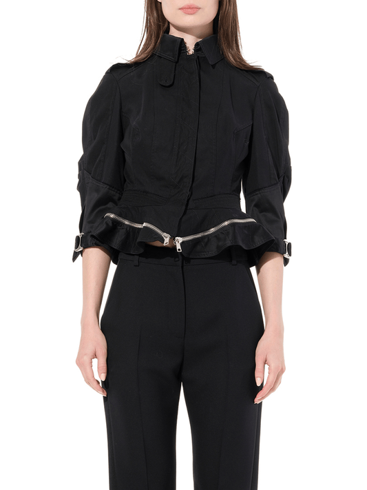 Image of a model wearing Outerwear. Productname: ALEXANDER MCQUEEN Military Peplum Jacket in Black colour by brand - ALEXANDER MCQUEEN