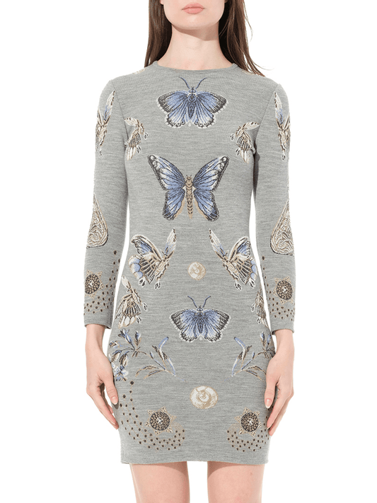 Image of a model wearing Dress. Productname: ALEXANDER MCQUEEN Mini Jacquard Dress in Multicolour colour by brand - ALEXANDER MCQUEEN