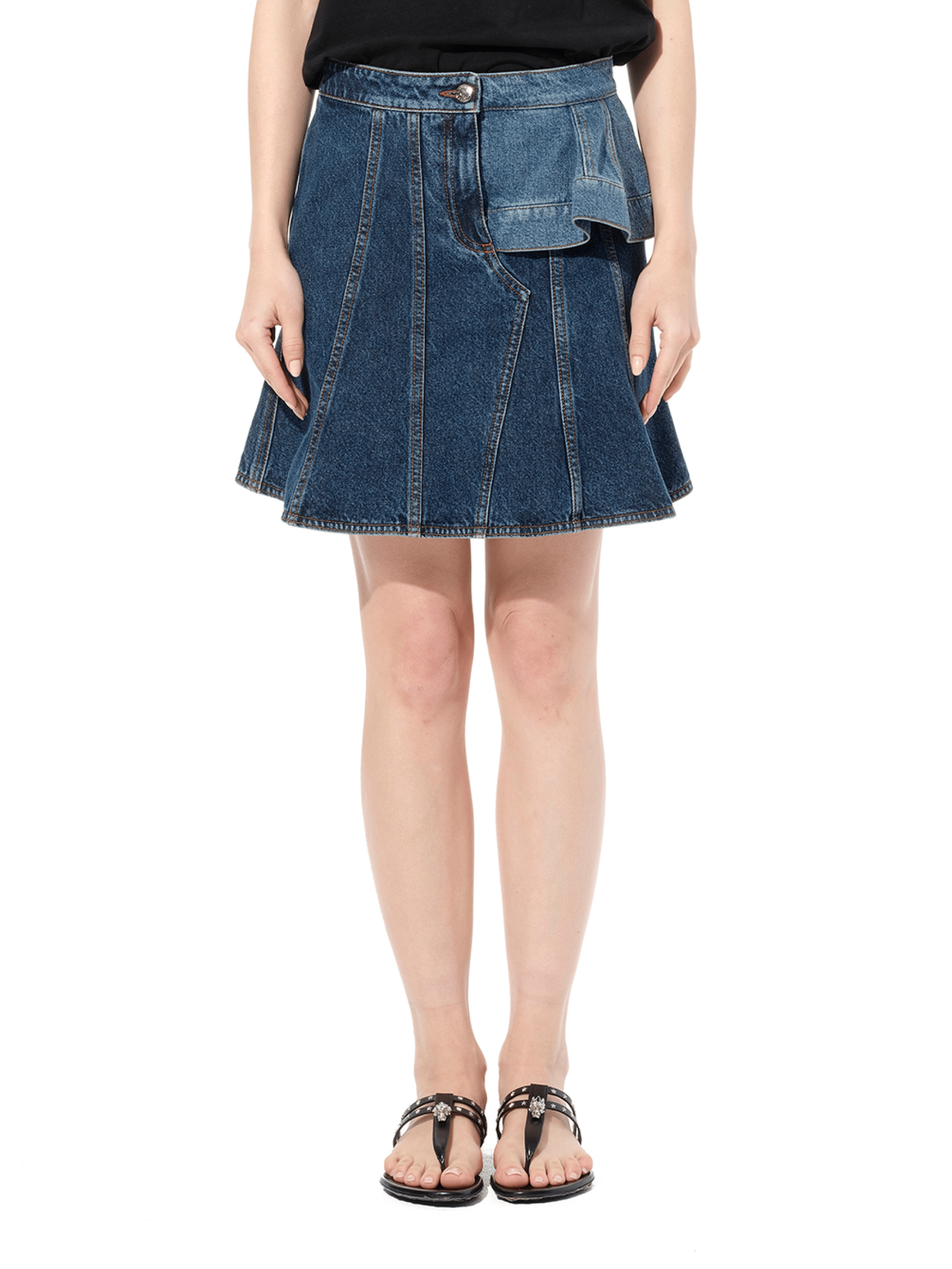 Image of a model wearing Denim. Productname: ALEXANDER MCQUEEN Denim Dark Skirt in Blue colour by brand - ALEXANDER MCQUEEN