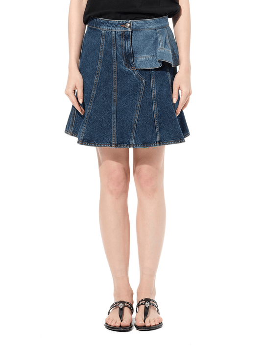 Image of a model wearing Denim. Productname: ALEXANDER MCQUEEN Denim Dark Skirt in Blue colour by brand - ALEXANDER MCQUEEN