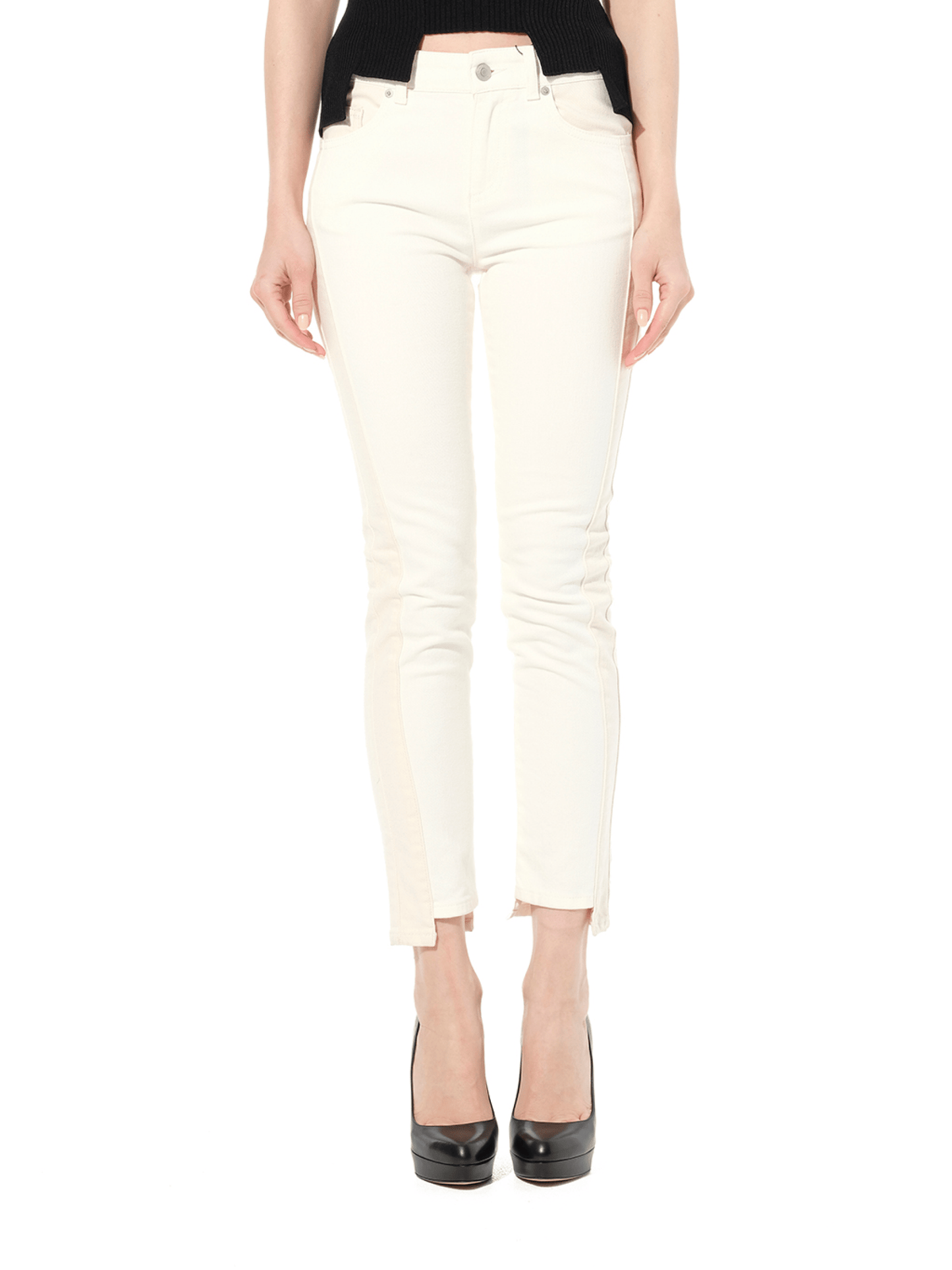 Image of a model wearing Denim. Productname: ALEXANDER MCQUEEN Patch Denim Pants in Ecru colour by brand - ALEXANDER MCQUEEN