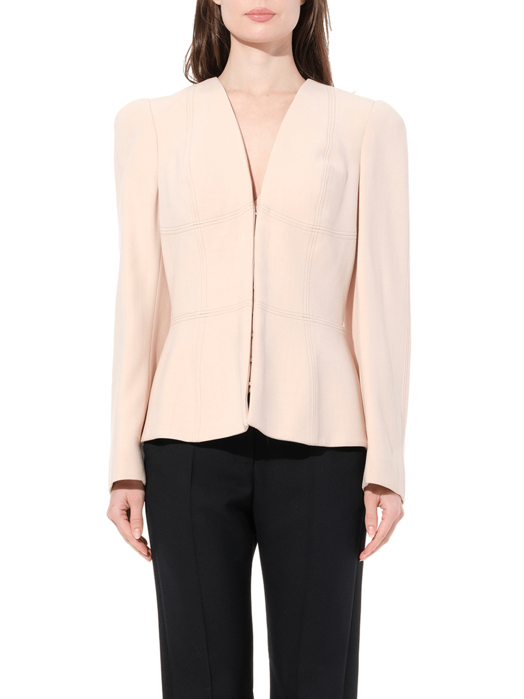 Image of a model wearing Outerwear. Productname: ALEXANDER MCQUEEN Wool Jacket in Cream colour by brand - ALEXANDER MCQUEEN