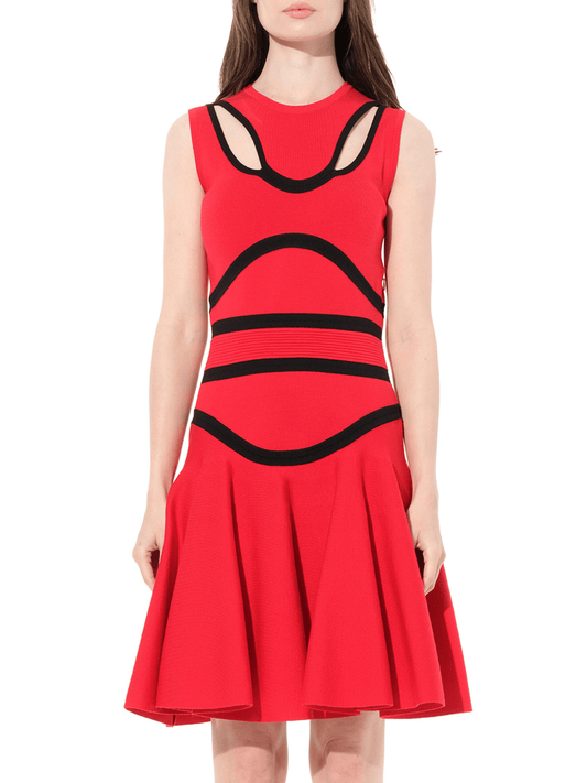 Image of a model wearing Dress. Productname: ALEXANDER MCQUEEN Sleeveless Mini Dress in Red colour by brand - ALEXANDER MCQUEEN