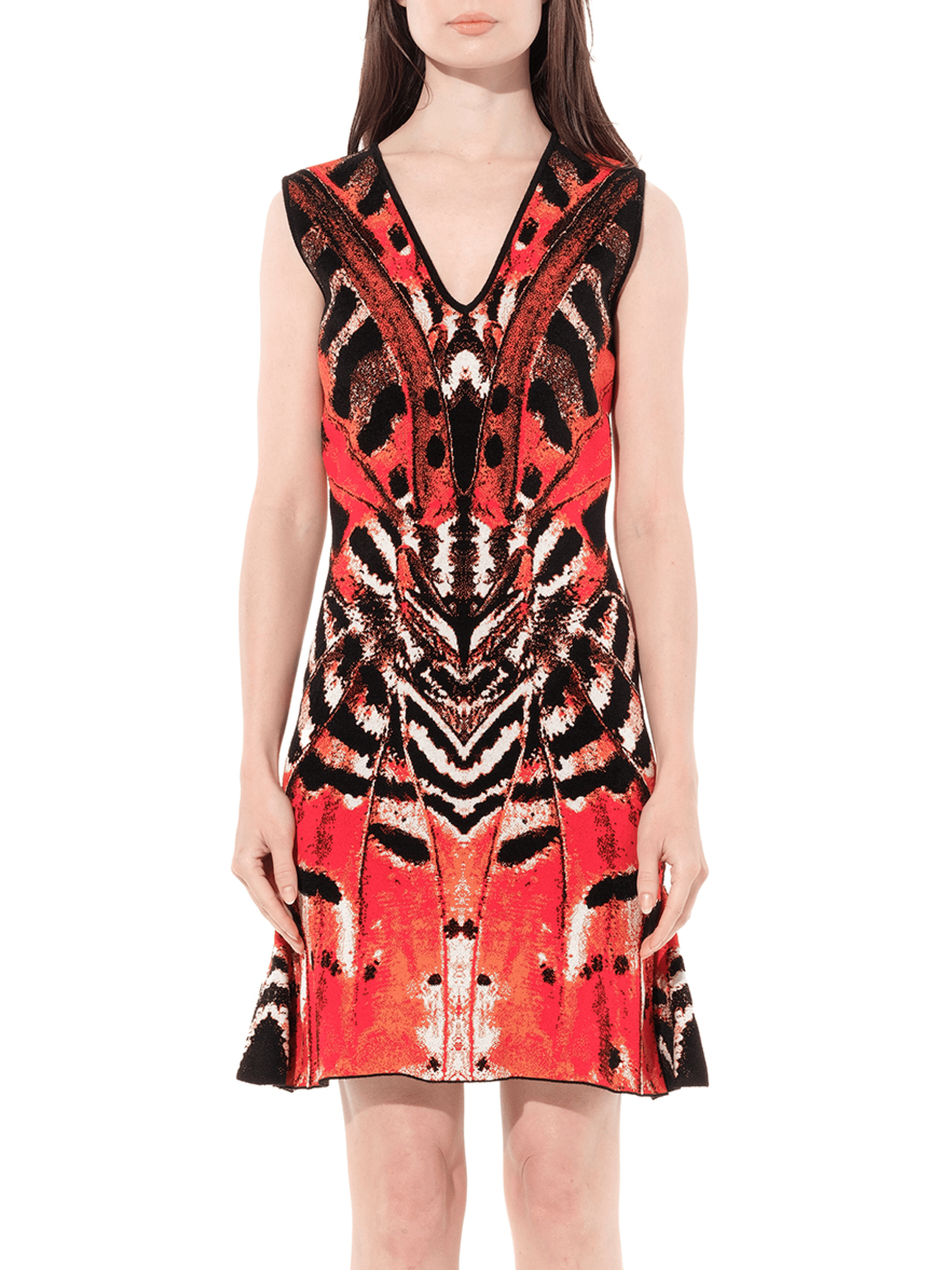 Image of a model wearing Dress. Productname: ALEXANDER MCQUEEN Butterfly Jacquard Dress in Red colour by brand - ALEXANDER MCQUEEN