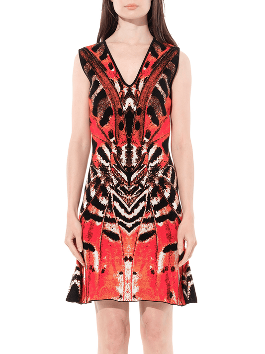 Image of a model wearing Dress. Productname: ALEXANDER MCQUEEN Butterfly Jacquard Dress in Red colour by brand - ALEXANDER MCQUEEN