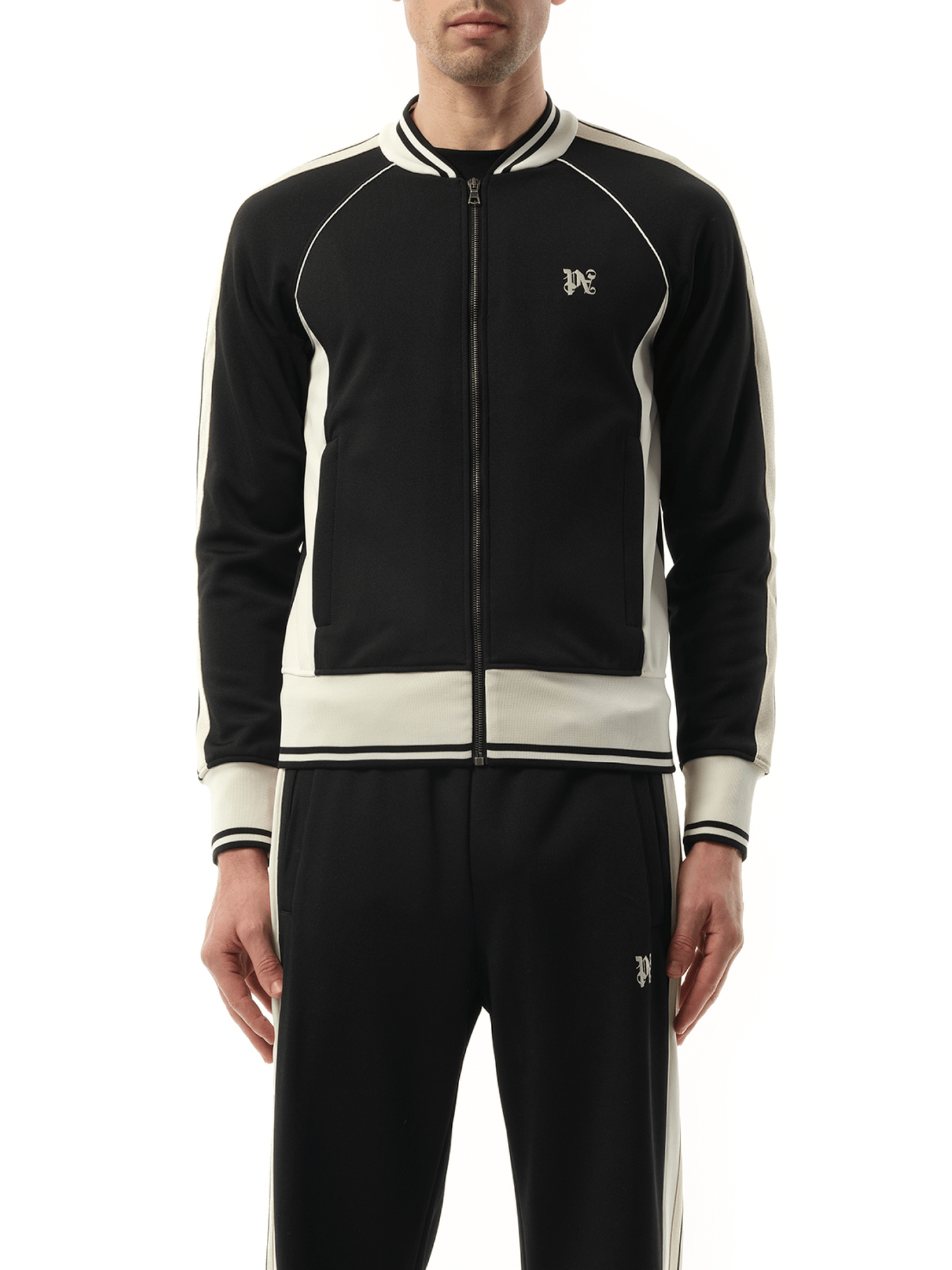 Image of Coats & Jackets. Productname: New Monogram Track Jacket in Black colour by brand - PALM ANGELS