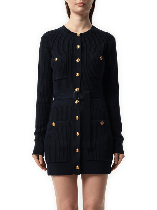Image of a model wearing Outerwear. Productname: CHLOE Long Fitted Cardigan in Navy colour by brand - CHLOE