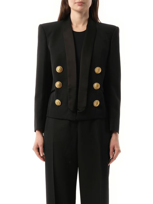 Image of a model wearing Outerwear. Productname: BALMAIN 6 BTN Satin GDP Jacket in Black colour by brand - BALMAIN