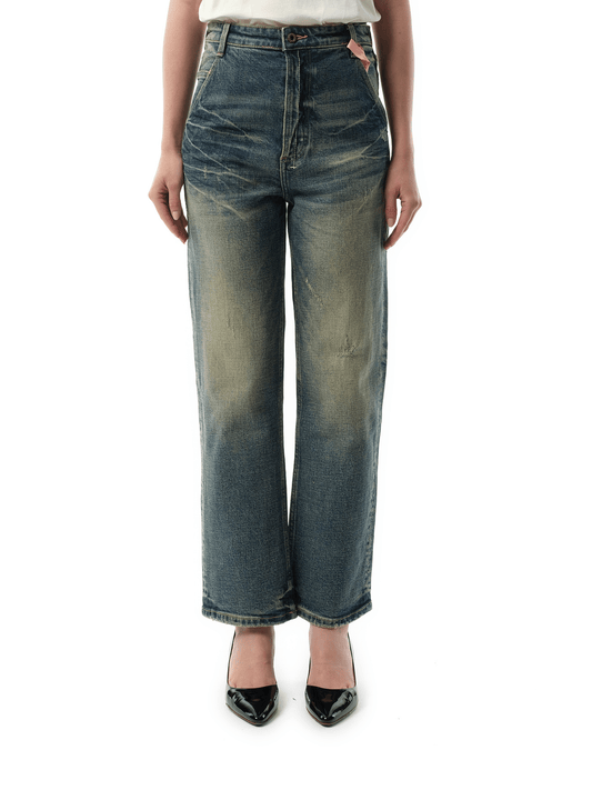 Image of a model wearing Denim. Productname: FAX COPY EXPRESS Vintage Washed Straight-Cut Jeans in Blue colour by brand - FAX COPY EXPRESS