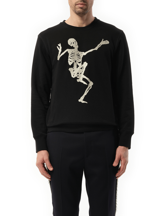 Image of a model wearing Outerwear. Productname: ALEXANDER MCQUEEN Skeleton Embroidered Sweatshirt in BLACK colour by brand - ALEXANDER MCQUEEN