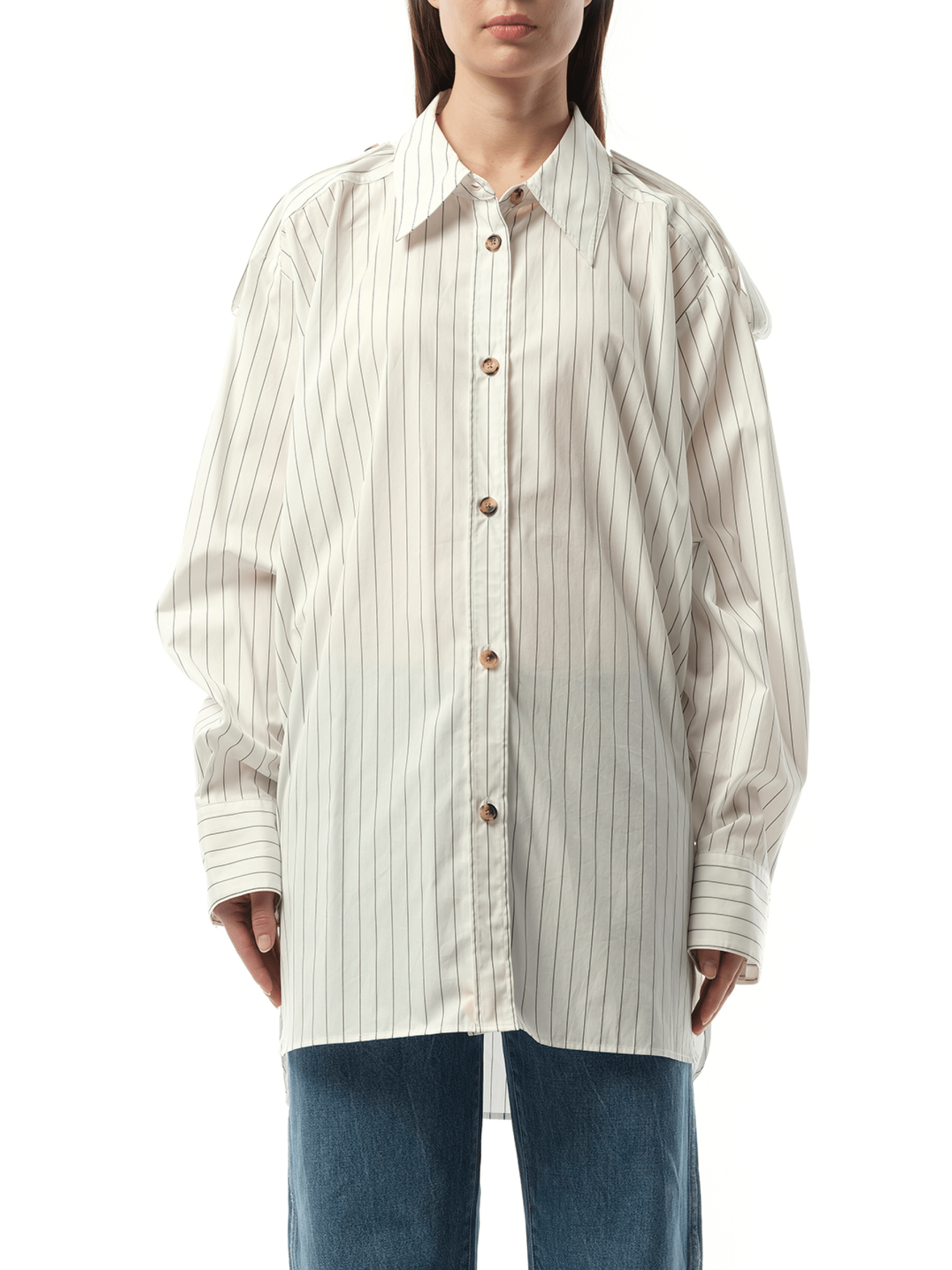 Image of a model wearing Tops. Productname: KHAITE Tamal Top in White Navy colour by brand - KHAITE