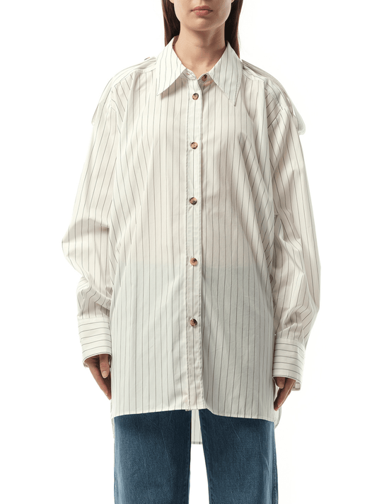 Image of a model wearing Tops. Productname: KHAITE Tamal Top in White Navy colour by brand - KHAITE