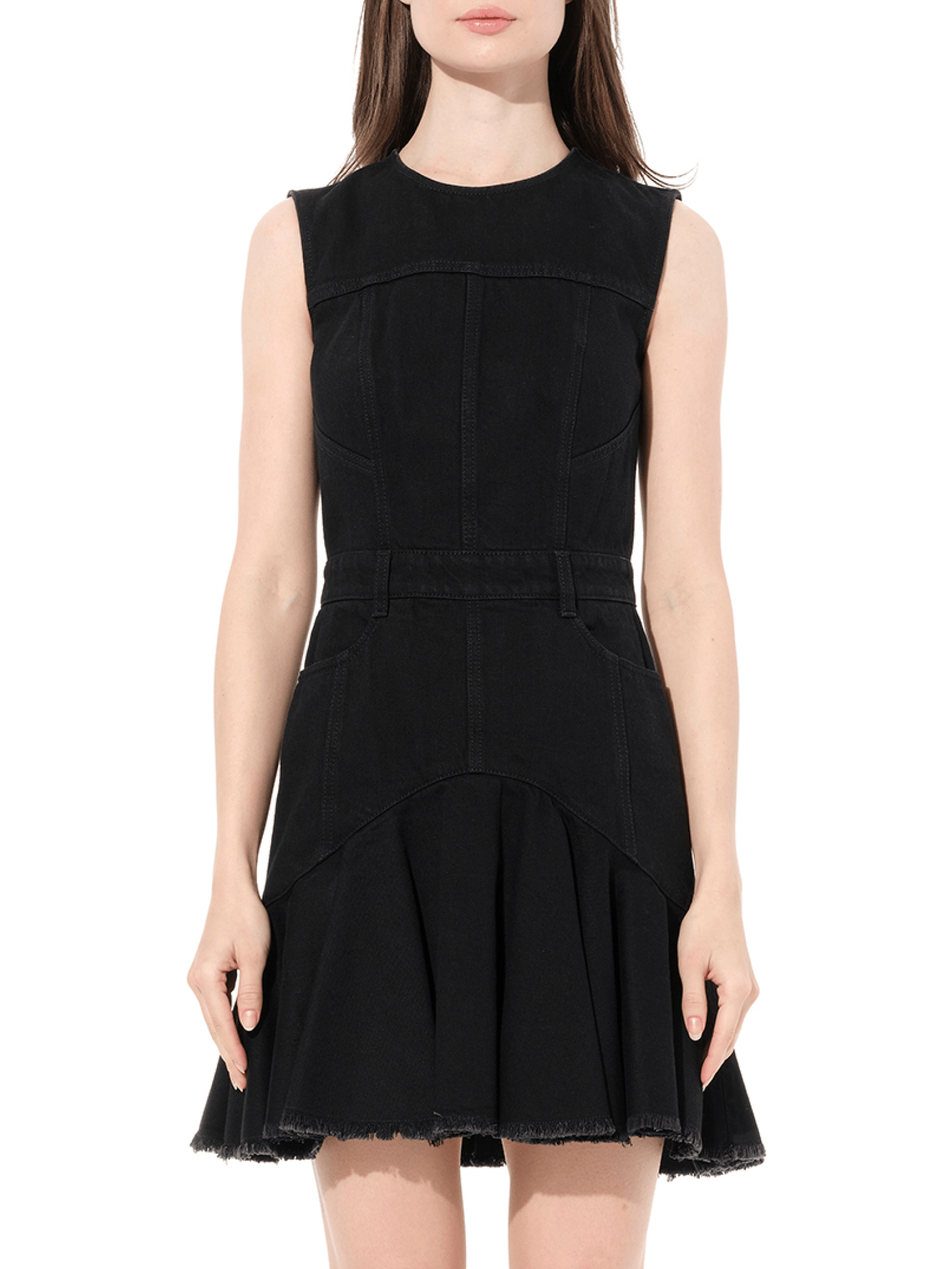 Image of a model wearing Denim. Productname: ALEXANDER MCQUEEN Sleeveless Mini Denim Dress in Black colour by brand - ALEXANDER MCQUEEN