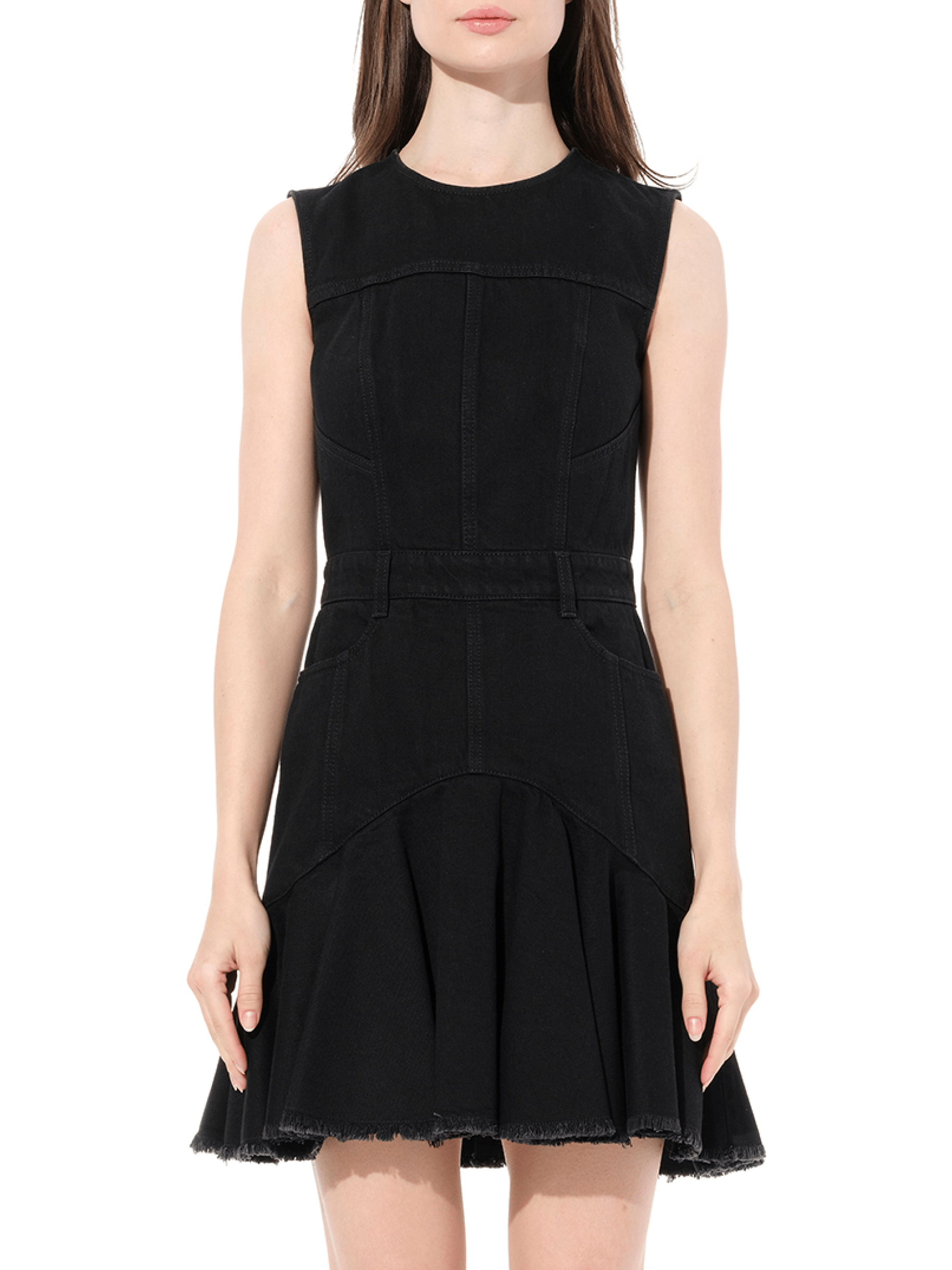 Image of a model wearing Denim. Productname: ALEXANDER MCQUEEN Sleeveless Mini Denim Dress in Black colour by brand - ALEXANDER MCQUEEN