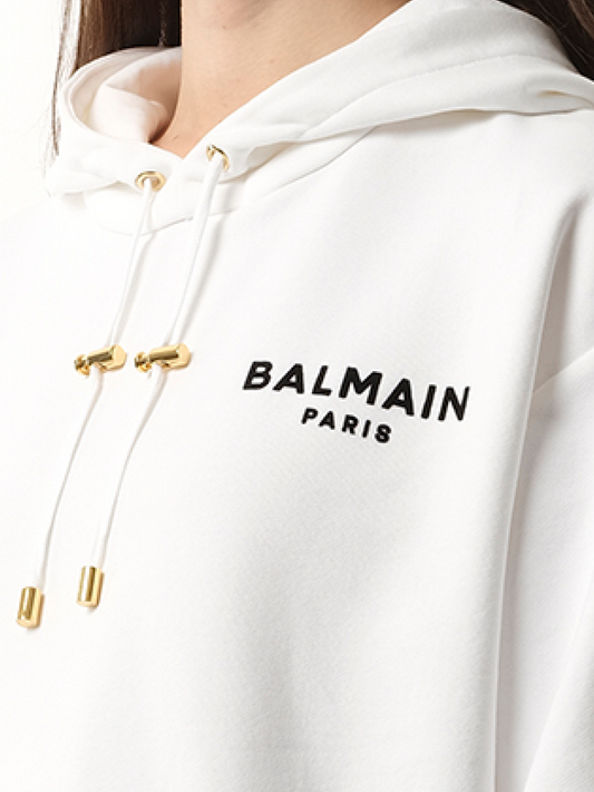 BALMAIN Balmain Flock Detail Cropped Hoodie (White Black)