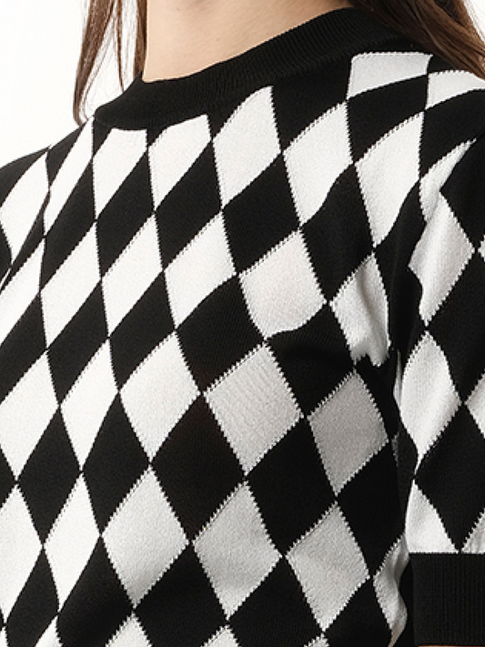 BALMAIN Short Sleeve Diamond Intarsia Knit Top (Black White)