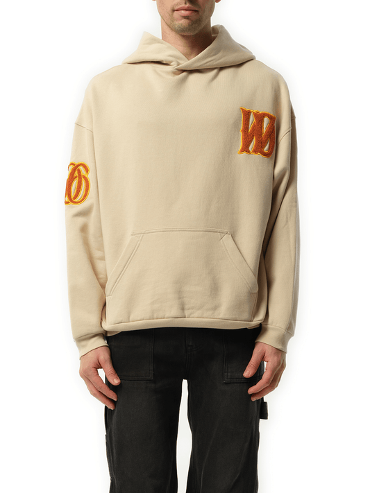 Image of a model wearing Outerwear. Productname: WE11DONE Boucle Letter Logo Hoodie in BEIGE colour by brand - WE11DONE