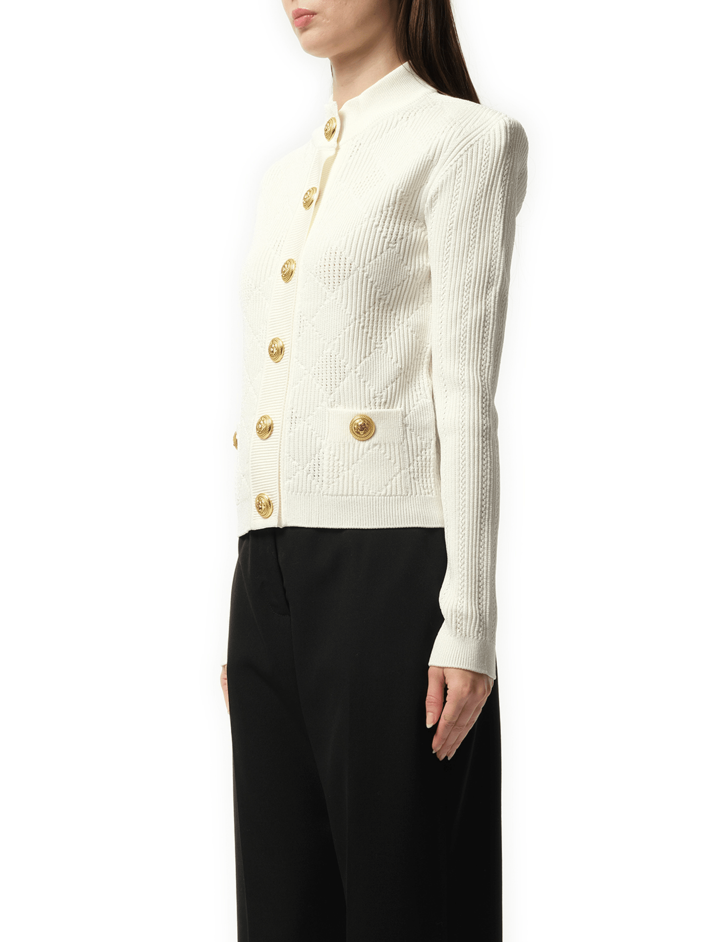 BALMAIN Buttoned 2 Pockets Vichy Knit Cardigan (White)