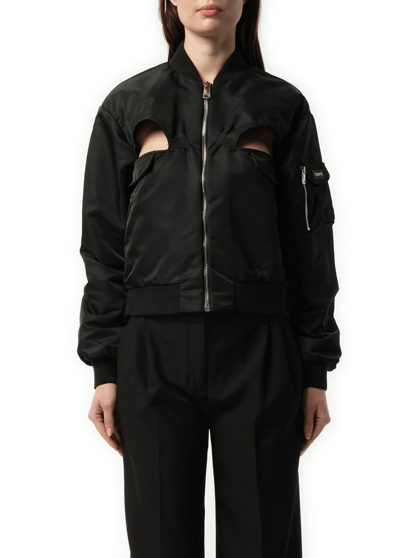 Image of a model wearing Outerwear. Productname: COPERNI Cut-Out Bomber Jacket in Black colour by brand - COPERNI
