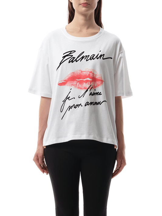 Image of a model wearing Tops. Productname: BALMAIN Balmain Kiss Print T-Shirt in Multicolor colour by brand - BALMAIN
