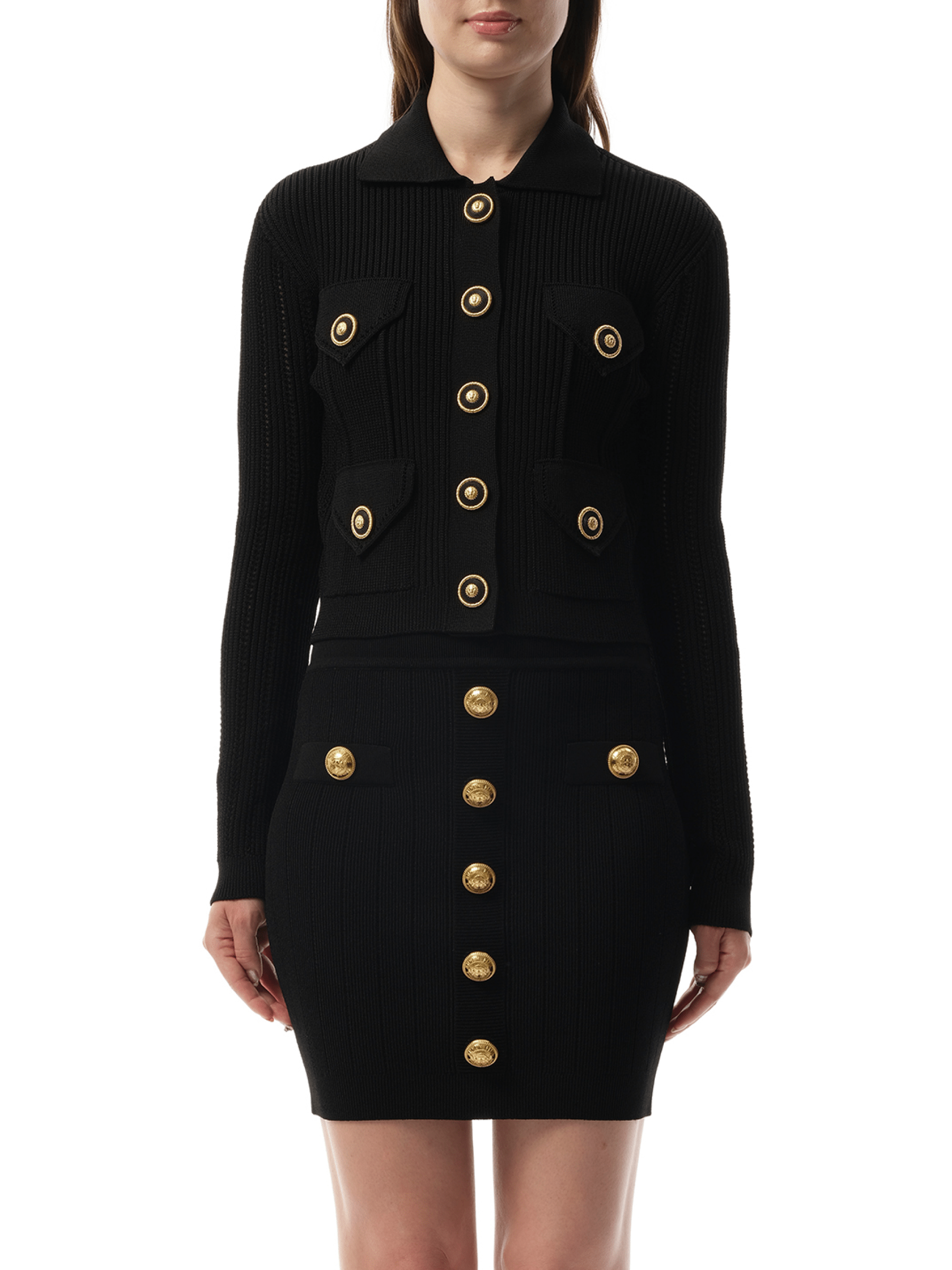 Image of a model wearing Outerwear. Productname: BALMAIN 4 Pockets Buttoned Ribbed Knit Cardigan in BLACK colour by brand - BALMAIN