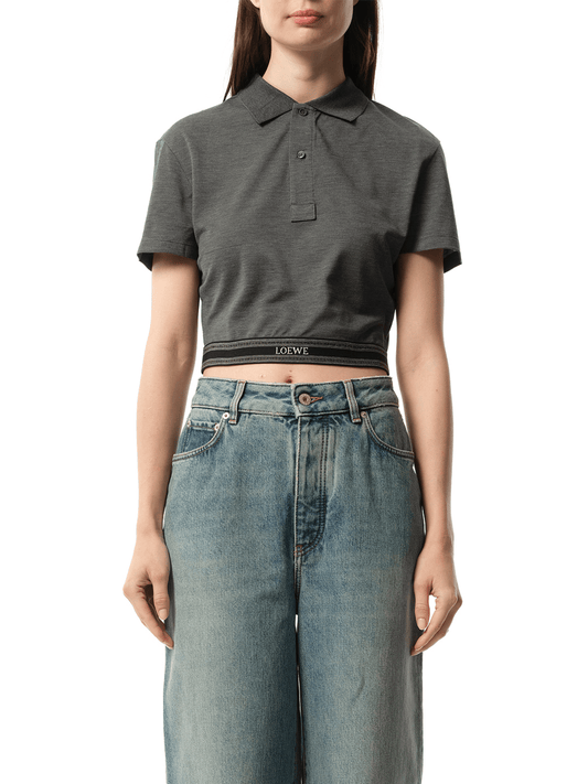 Image of a model wearing Tops. Productname: LOEWE Cropped Polo in Charcoal Melange colour by brand - LOEWE