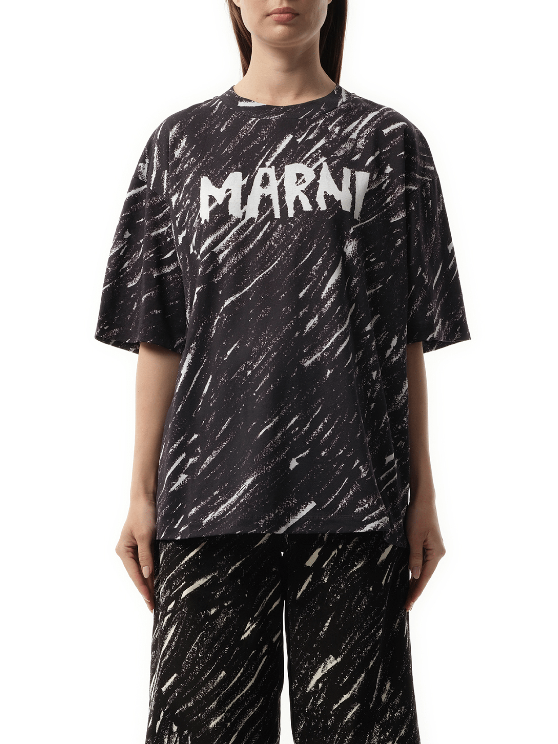 Image of a model wearing Tops. Productname: MARNI Scribbled Logo T-Shirt in Black colour by brand - MARNI