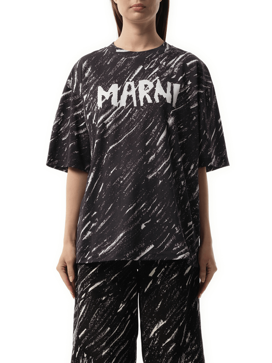 Image of a model wearing Tops. Productname: MARNI Scribbled Logo T-Shirt in Black colour by brand - MARNI
