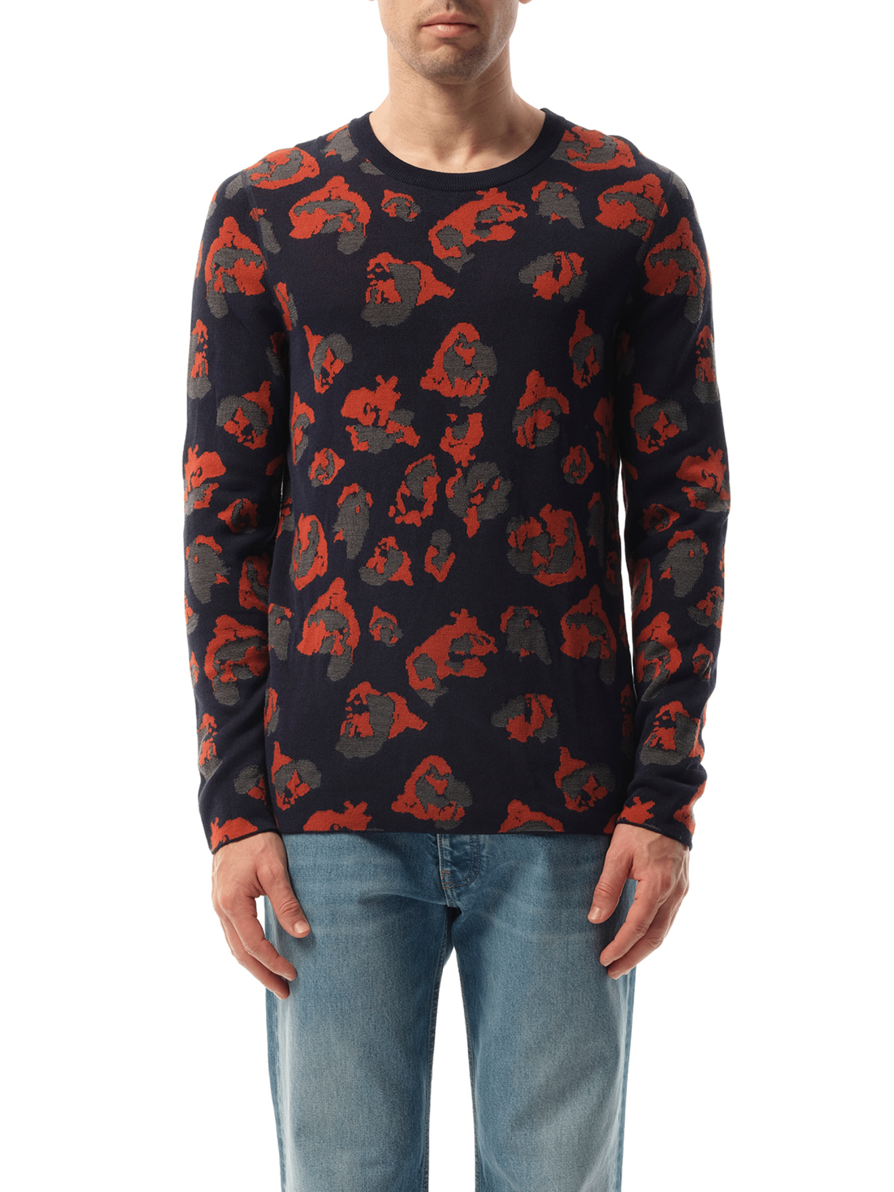 Image of a model wearing Outerwear. Productname: LANVIN Leopard Jacq Sweatshirter in NAVY colour by brand - LANVIN
