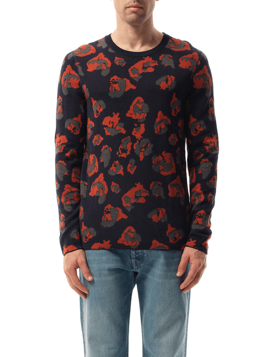 Image of a model wearing Outerwear. Productname: LANVIN Leopard Jacq Sweatshirter in NAVY colour by brand - LANVIN