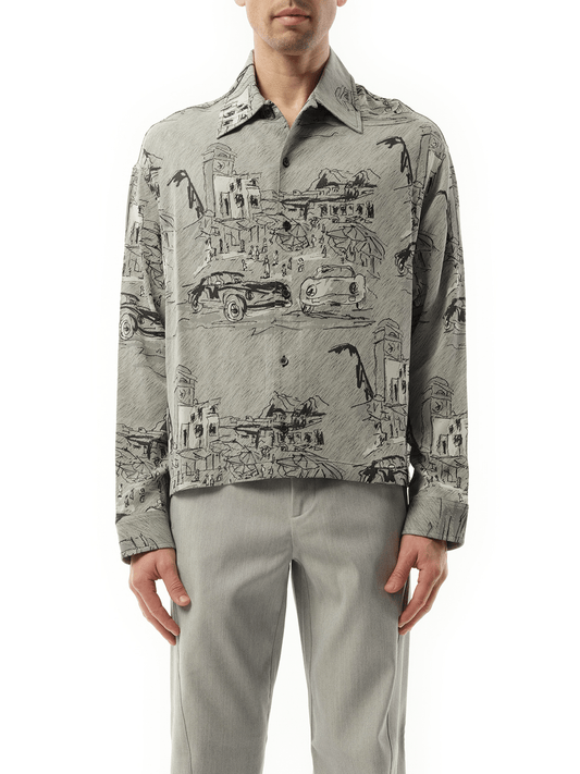 Image of a model wearing Tops. Productname: JACQUEMUS La Chemise Corto Capri Cars in GREY colour by brand - JACQUEMUS