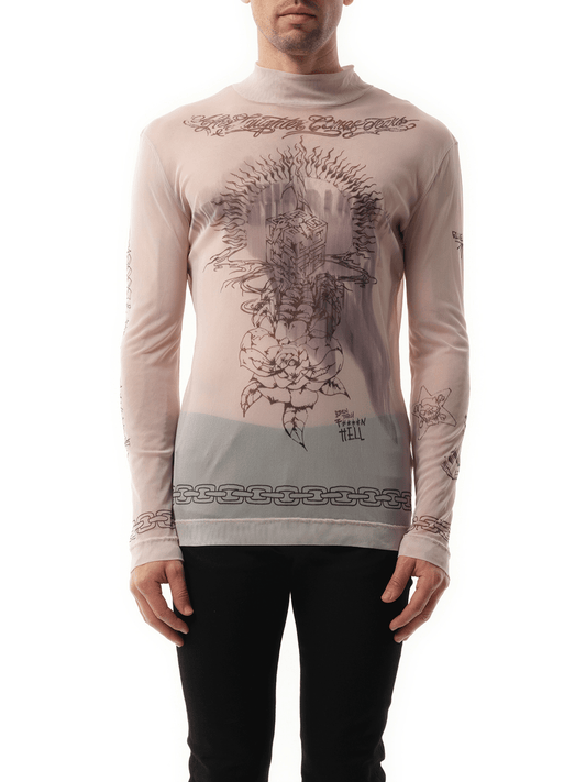 Image of a model wearing Tops. Productname: GIVENCHY Tattoo Shrine Mesh Long Sleeve T-Shirt in BEIGE colour by brand - GIVENCHY
