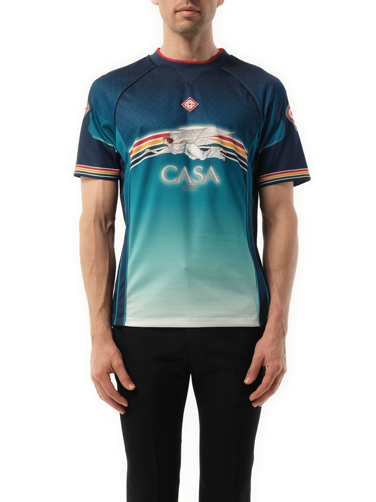 Image of a model wearing Tops. Productname: CASABLANCA Casa Printed Football Top in MULTICOLOUR colour by brand - CASABLANCA