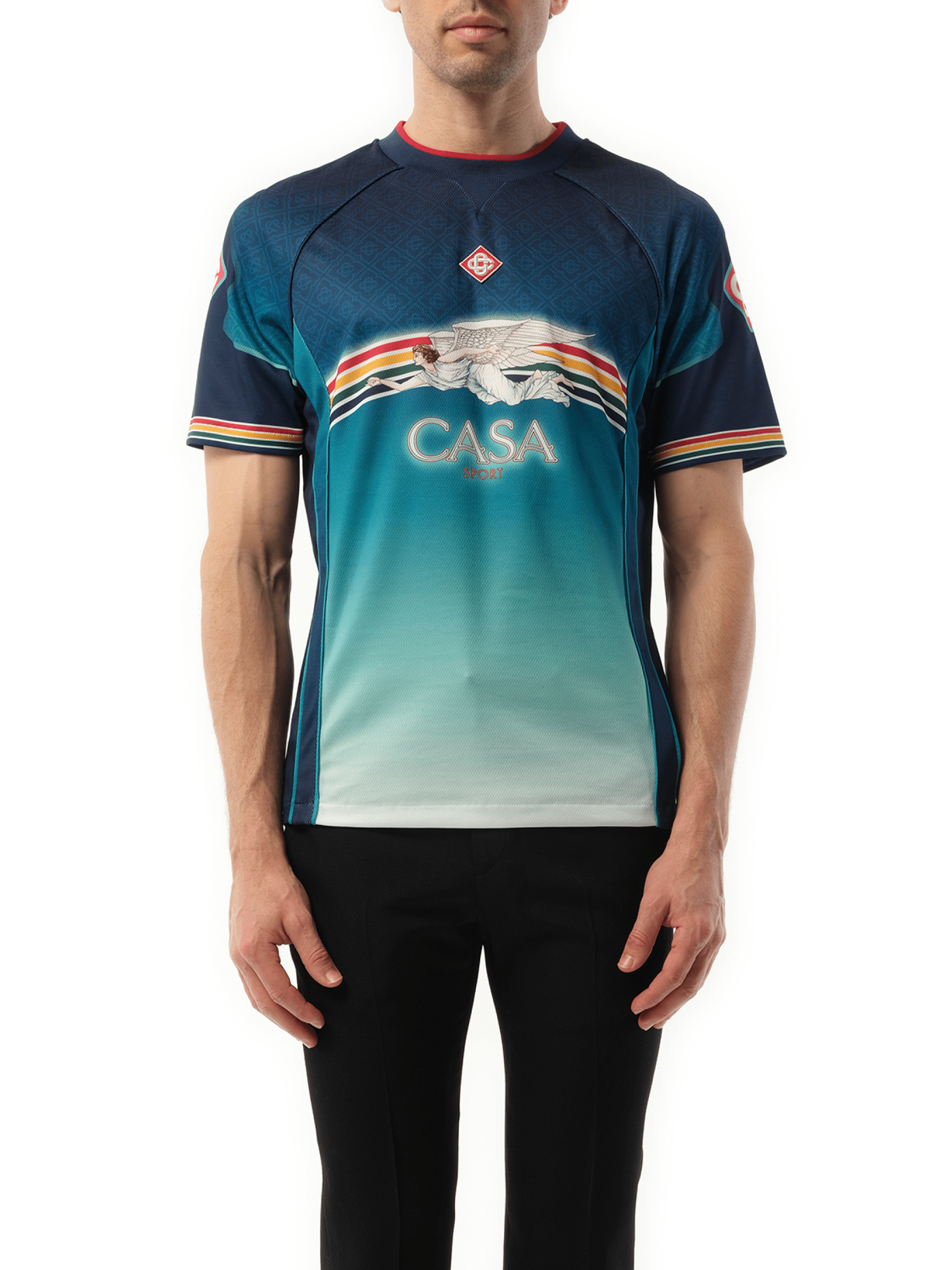 Image of a model wearing Tops. Productname: CASABLANCA Casa Printed Football Top in MULTICOLOUR colour by brand - CASABLANCA