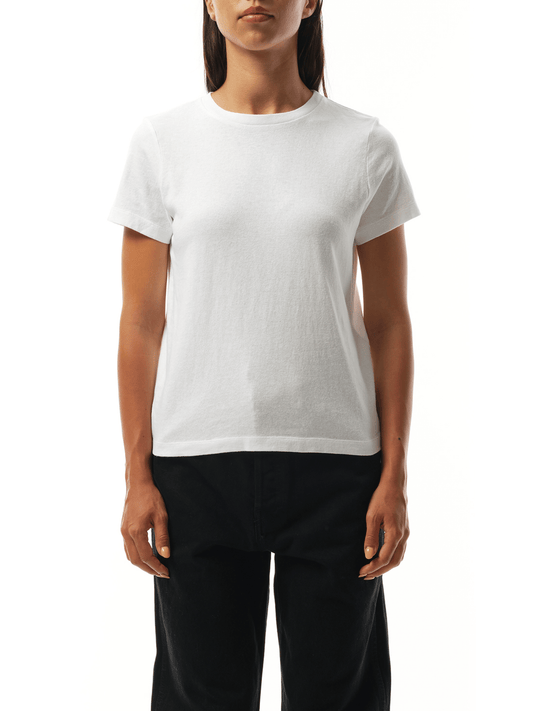 Image of a model wearing Tops. Productname: KHAITE Samson T-Shirt in WHITE colour by brand - KHAITE