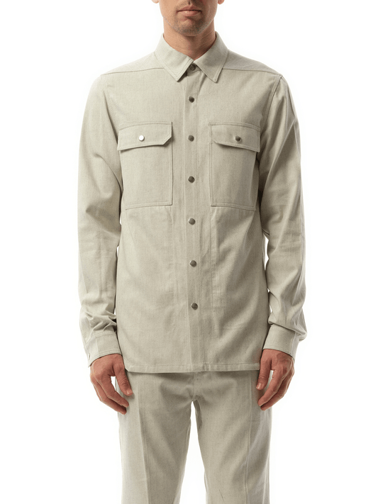 Image of a model wearing Tops. Productname: RICK OWENS Denim Outershirt in WHITE colour by brand - RICK OWENS