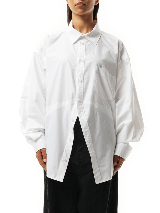 Image of a model wearing Tops. Productname: BALENCIAGA Swing Shirt in White colour by brand - BALENCIAGA