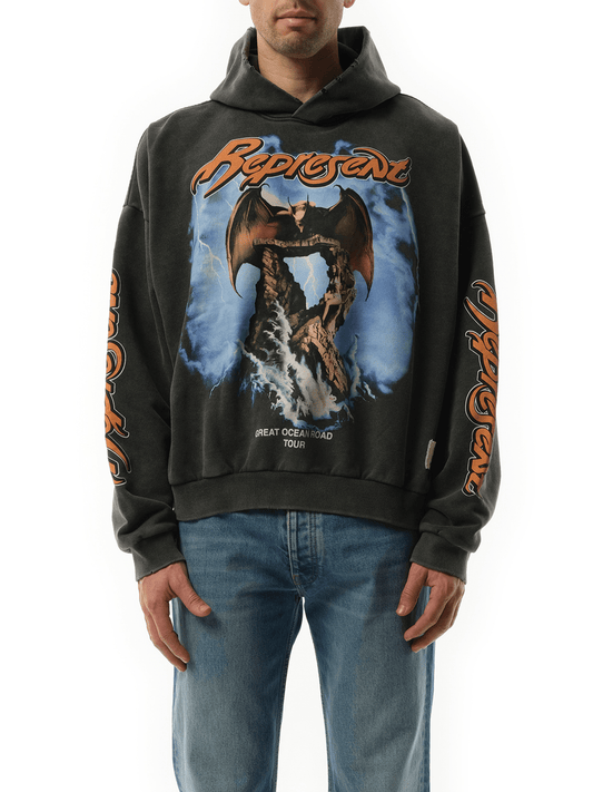 Image of a model wearing Outerwear. Productname: REPRESENT Represent x Marais Great Ocean Road Hoodie in GREY colour by brand - REPRESENT