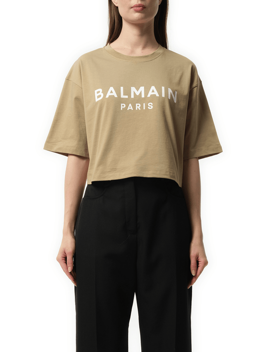 Image of a model wearing Tops. Productname: BALMAIN Balmain Printed Cropped T-Shirt in BEIGE colour by brand - BALMAIN